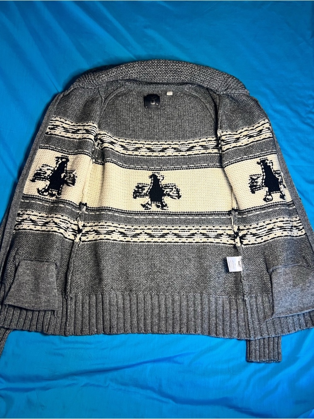 TNA Sea to Sky Cowichan Style Intarsia Lambswool Shawl Collar Sweater L - Picture 14 of 16